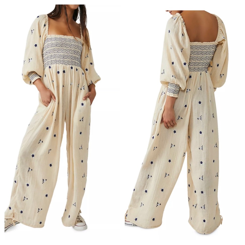 Free People✨Dahlia Smocked Wide Leg Jumpsuit